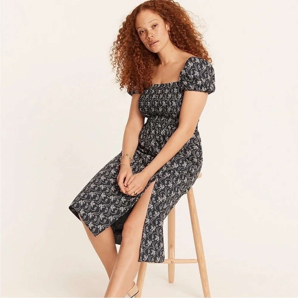 J.crew Short-Sleeve Smocked Navy and White Dress in Starry Swirl Size XS